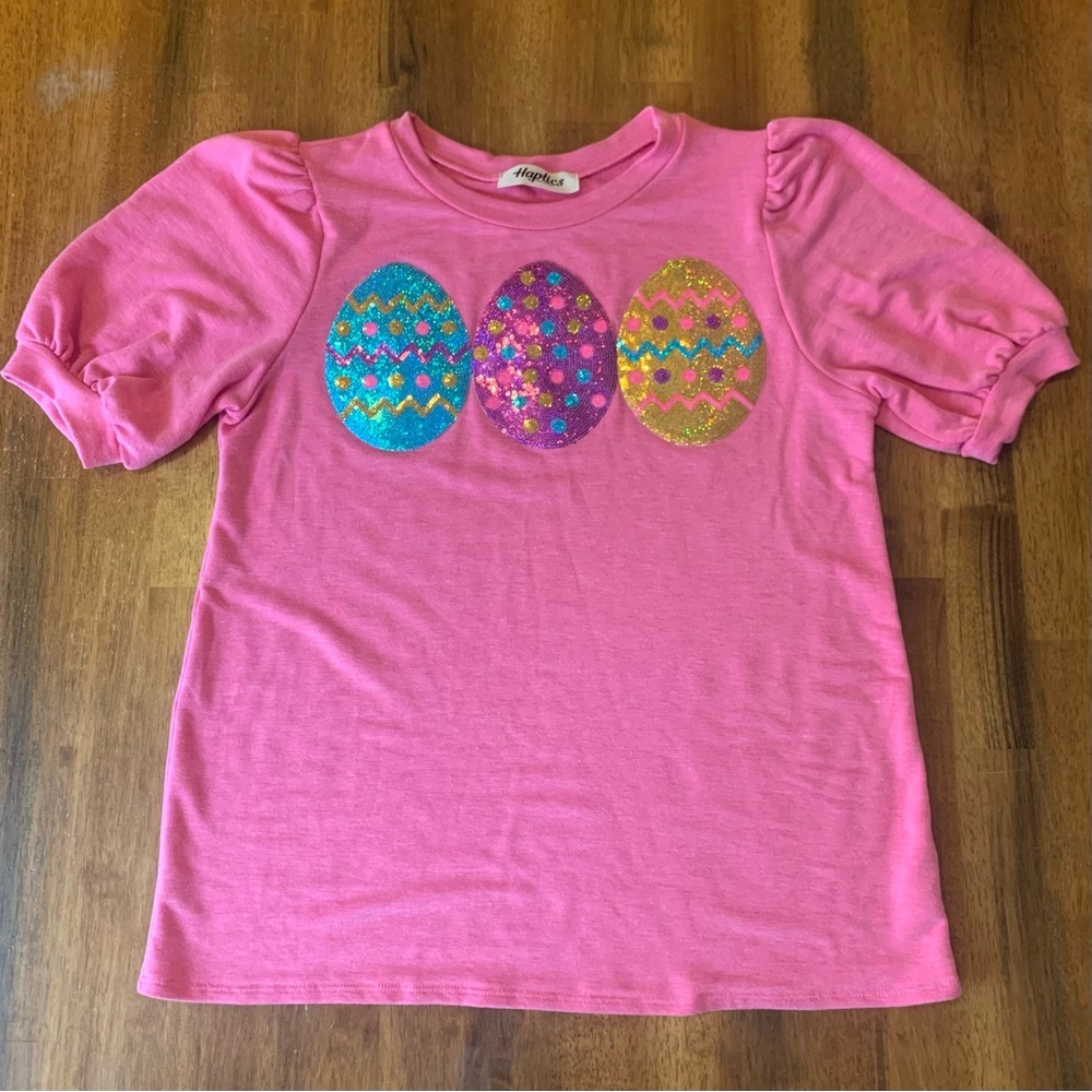 Haptics Top Vibrant Pink Tee with Colorful Egg Design M/L Sequins Easter Eggs